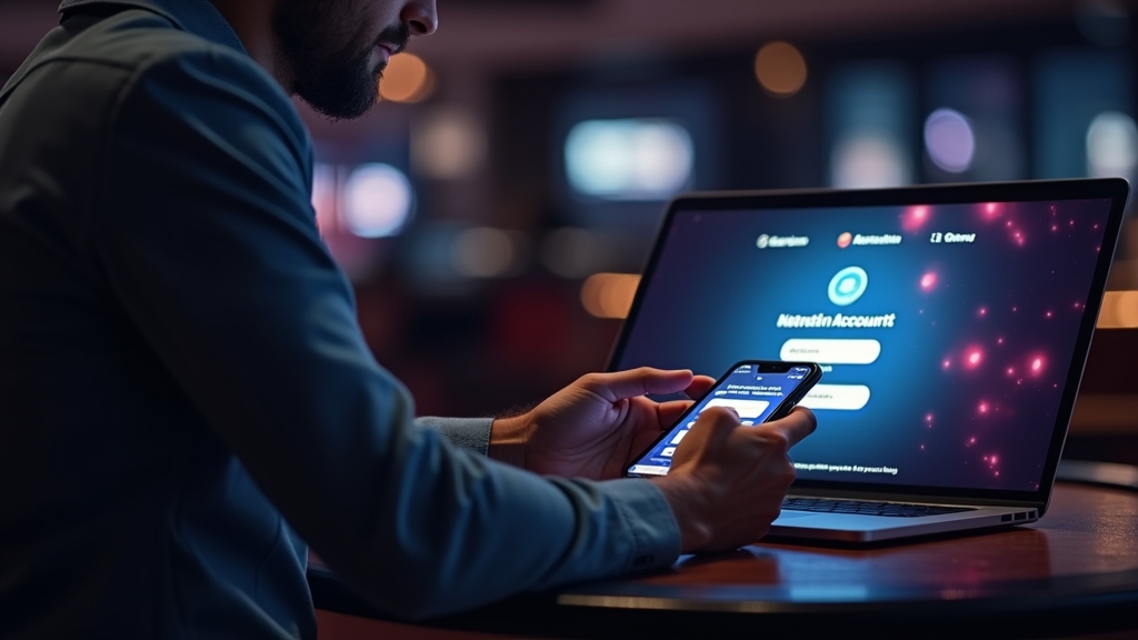 Member checking saved login details on a phone and laptop in a casino-style setting