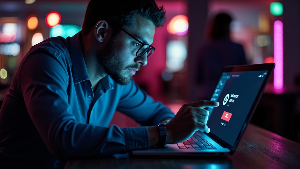 User checking login errors on a laptop and phone in a casino-themed scene
