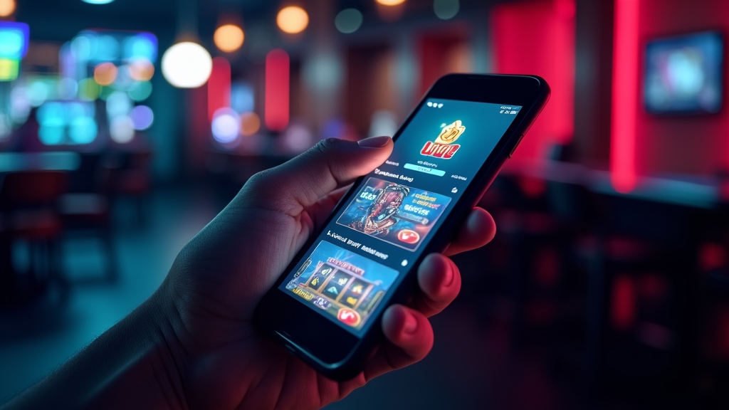 A smartphone showing casino games and sports betting features in a dark casino setting