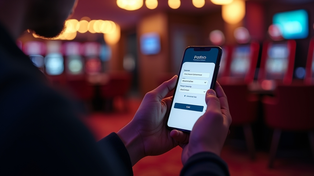 A mobile registration screen with verification and account setup in a casino atmosphere