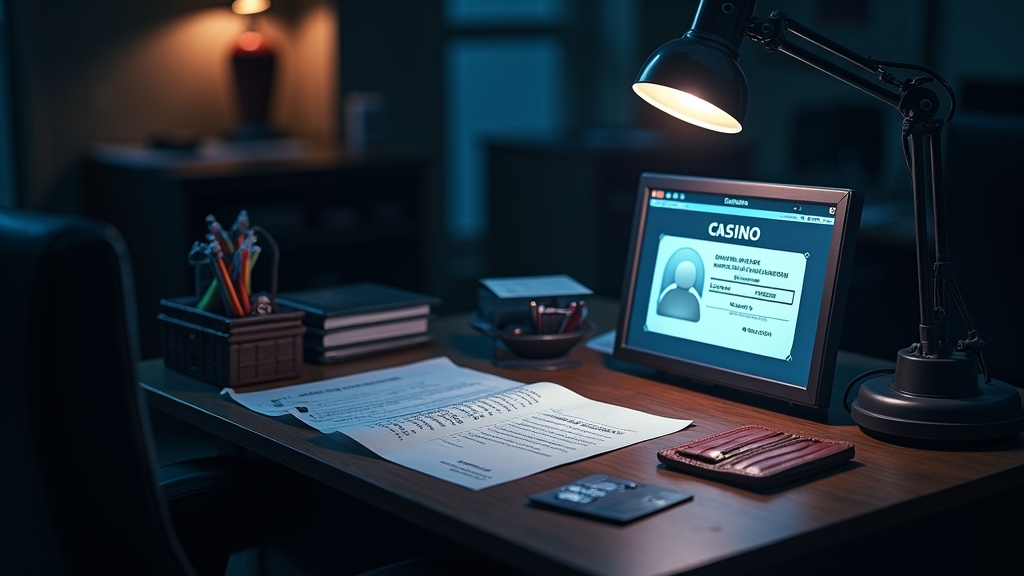 Casino verification desk with ID documents and payout screen